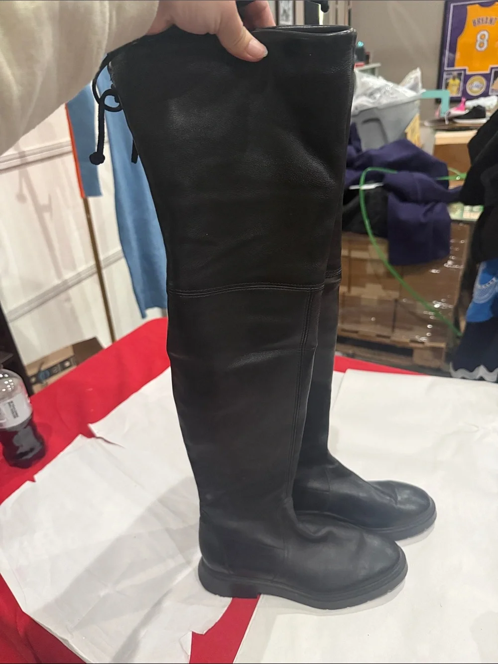 Stuart Weitzman Black Leather Over-the-Knee Lug-Sole Boots